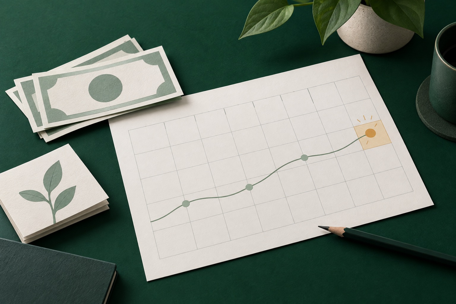 A paper calendar and a simple rising line leading toward a highlighted future day, arranged beside abstract paper money on a green desk.
